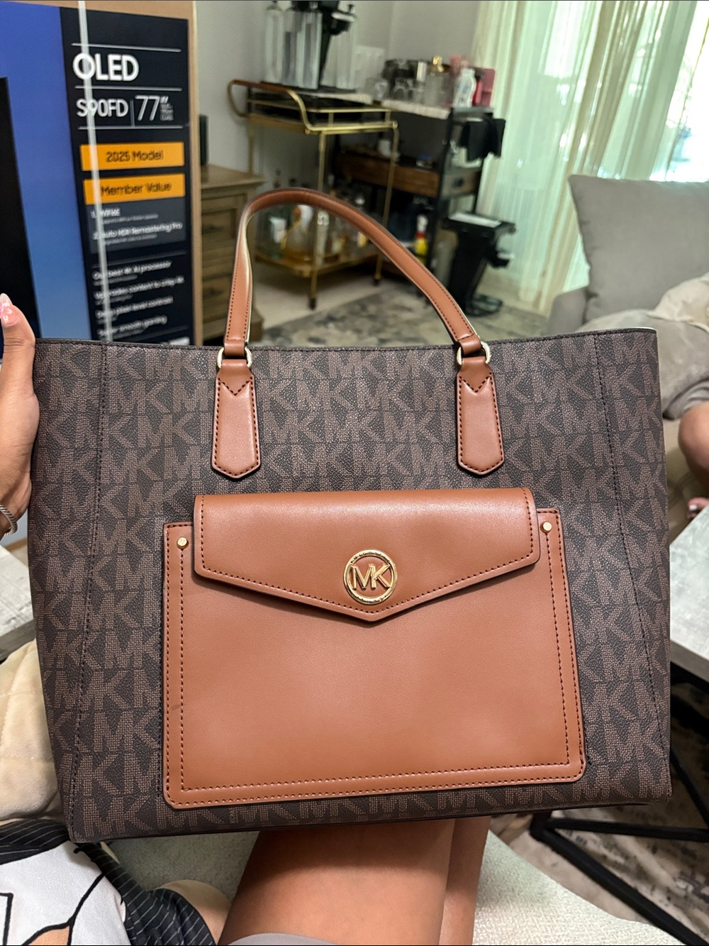 NEW Michael Kors Brown MK Monogram Tote with Tan Front Pocket